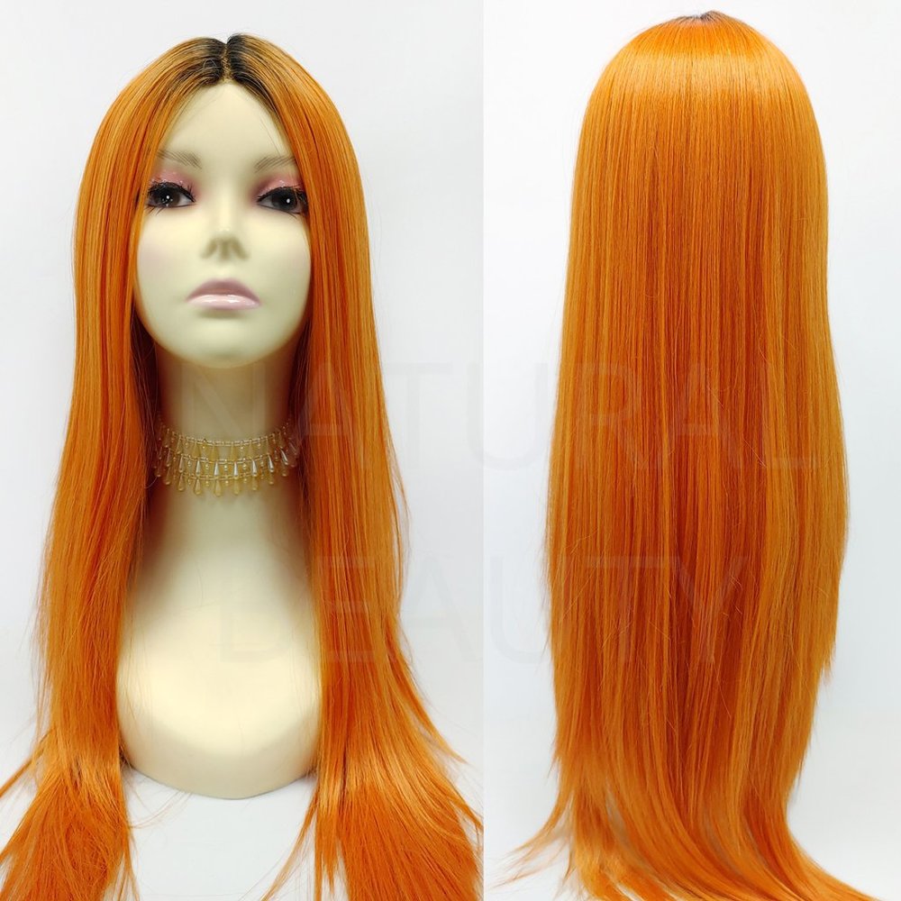Orange dark roots long straight heat resistant wig